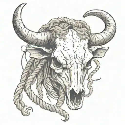 Steer Skull with one set of horns, facing front, with a piece of rope dangling from the left horn.. Keep it minimal tattoo design idea