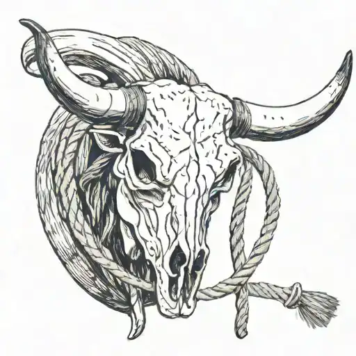 Steer Skull with one set of horns, facing front, with a small piece of rope dangling from the left horn. tattoo design idea
