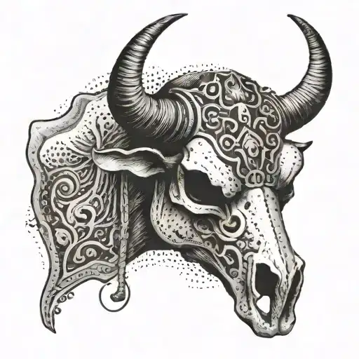 Bull Skull with one set of horns, facing front, with a small piece of cord  dangling from the left horn. tattoo design idea