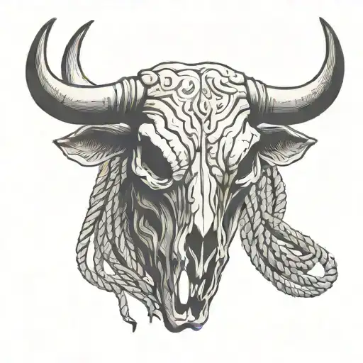 Bull Skull with piece of rope hanging from left rope, and facing directly front. tattoo design idea