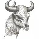 Bull Skull with one set of horns, facing head on, with a small piece of cord  dangling from the left horn. tattoo design idea