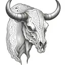 Bull Skull with one set of horns, facing head on, with a small piece of cord  dangling from the left horn. tattoo design idea