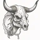 Bull Skull with one set of horns, facing head on, with a small piece of cord  dangling from the left horn. tattoo design idea