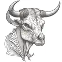 Bull Skull with one set of horns, facing head on, with a small piece of cord  dangling from the left horn. tattoo design idea