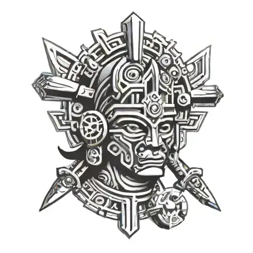 tlaloc head with mechanic tools tattoo design idea