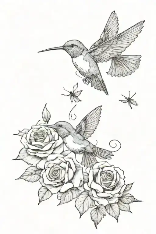 2 humming birds and roses with lots of line work tattoo tattoo design idea