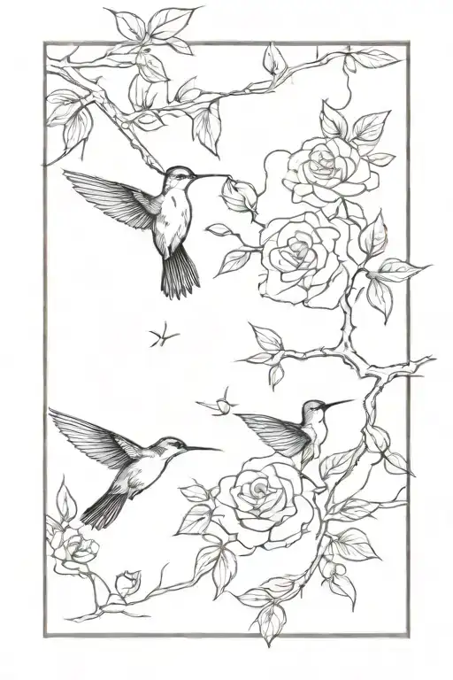 trees with line work leading into humming birds and roses tattoo design idea