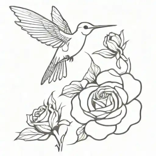 humming bird and roses with line work simplistic  tattoo design idea