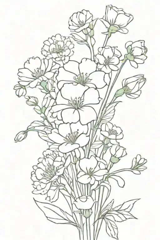 bouquet of flowers including carnations, snowdrops, daisys and sweet peas  tattoo design idea