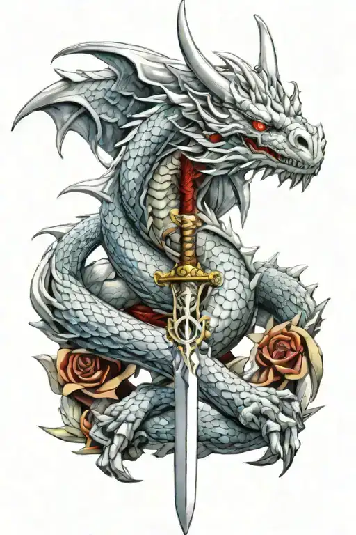 sword and eyes white dragon tattoo design idea