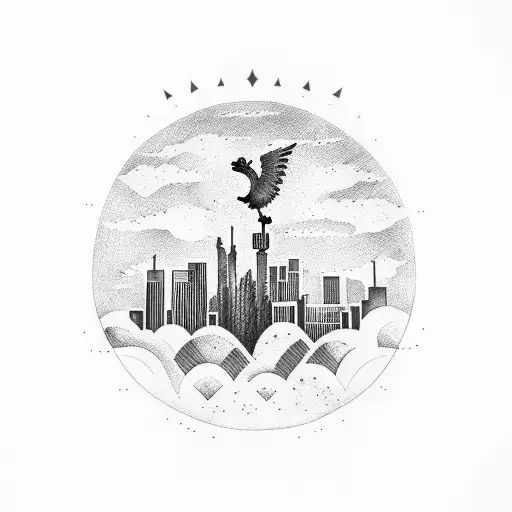 A phoenix flying over the iconic Phoenix city skyline with a saguaro cactus in the foreground tattoo design idea