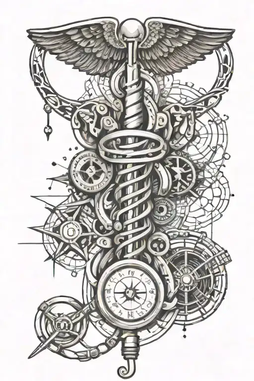 A geometric art piece incorporating elements of nursing tools and symbols, such as stethoscopes and caduceus, in a dotwork style tattoo design idea