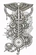 A geometric art piece incorporating elements of nursing tools and symbols, such as stethoscopes and caduceus, in a dotwork style tattoo design idea