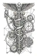 A geometric art piece incorporating elements of nursing tools and symbols, such as stethoscopes and caduceus, in a dotwork style tattoo design idea