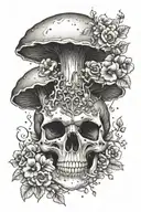 a piece incorporating mushrooms and flowers, growing around a skull or skeleton tattoo design idea
