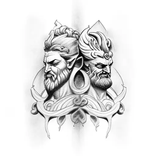 A black-grey tattoo showcasing Zeus and Hades in combat tattoo design idea
