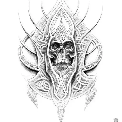 can you help me design a Maania tattoo with Maori and H.R. Giger's Necronom IV design  tattoo design idea