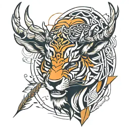 Create a full sleeve tattoo incorporating an elk outline, a geometric tiger, and an arrow with colored letters ('G>^v'). tattoo design idea