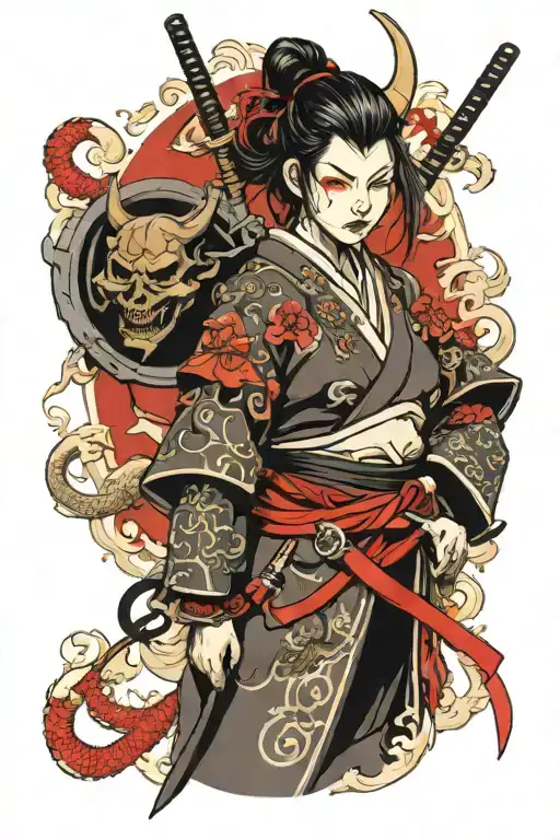 samurai girl with devil mask split in half tattoo design idea
