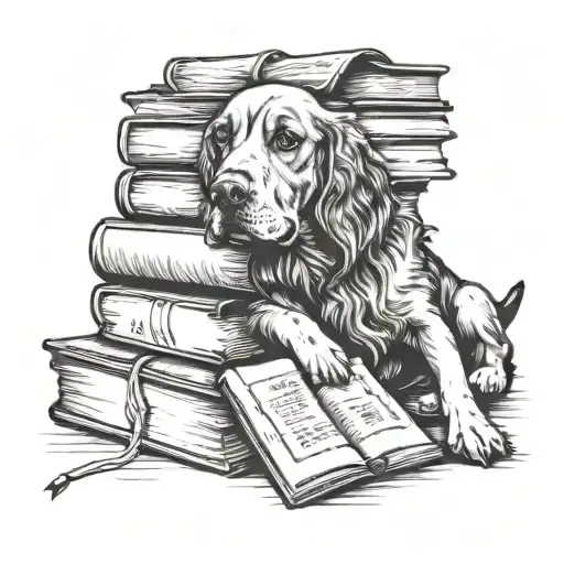  tattoo of a stack of books with a loyal dog resting beside it tattoo design idea
