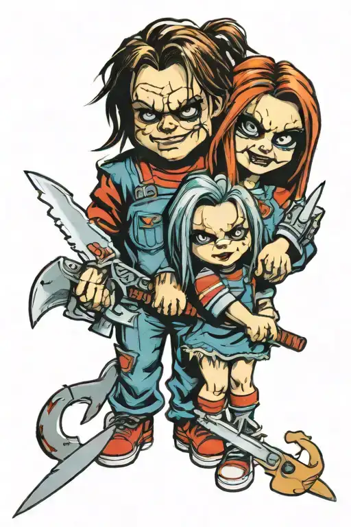 chucky and tiffany holding knives cutting a heart outline tattoo design idea