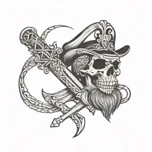 skull with beard at the back crossed ak with saber tattoo design idea