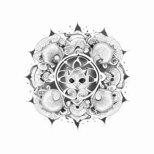 Mandala, black cat, mushrooms tattoo design idea
