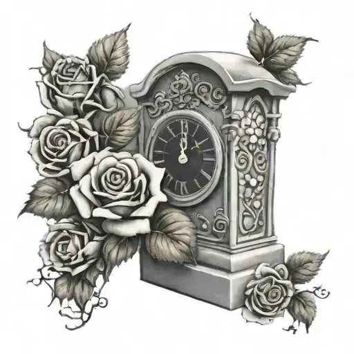gravestone with a clock and praying hands and roses growing tattoo design idea