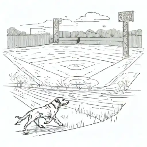 A sketch of a baseball diamond with a dog playfully running across the outfield tattoo design idea