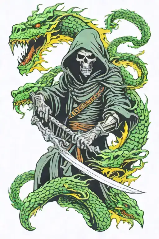 grim reaper with green flames and chinese dragon tattoo design idea