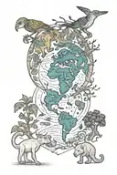 : evolution of planet earth from a violent planet to life sustaining. Include plant and animal life, ending with man  tattoo design idea