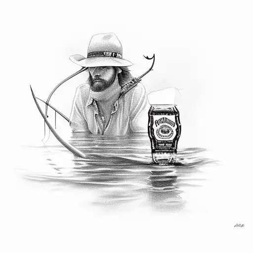 jack daniels, oil derick rig, guy fishing tattoo design idea