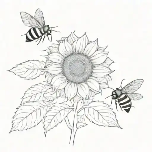 Sunflower, bee flying together tattoo design idea