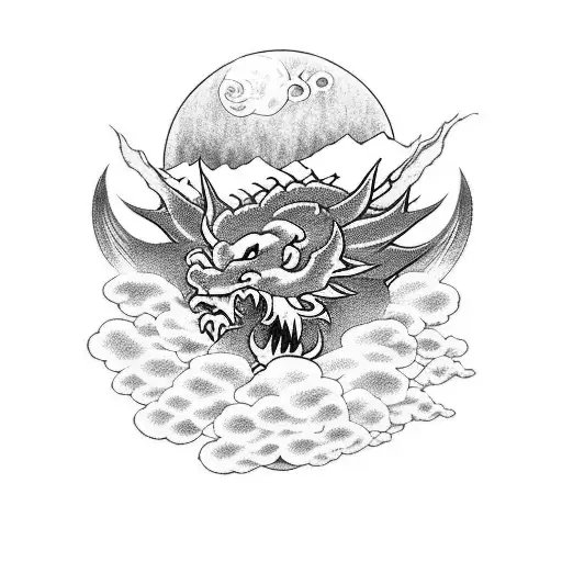 japanes cloud with dragon and red moon for full hand tattoo design idea