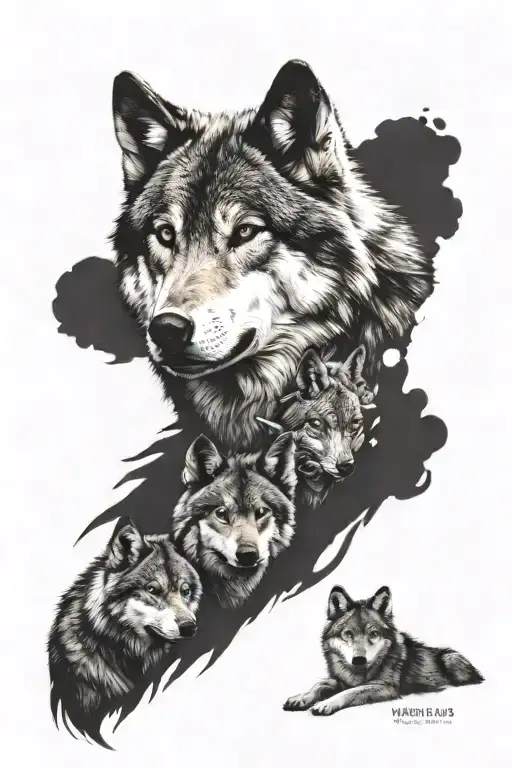 male wolf with 3 cubs tattoo design idea