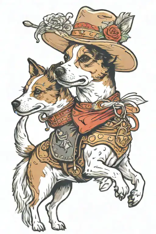 jack russell terrier and husky as cowboy riding tattoo design idea