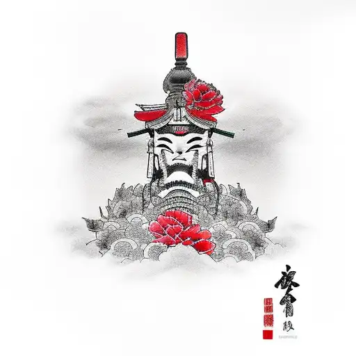 Karashishi guarding a grave surrounded by Red peonies tattoo design idea