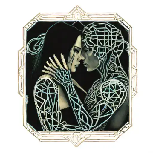 diablo and girl with straight hair kissing each other, only hands of the diablo on the neck of the girl tattoo design idea