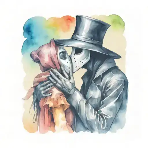 plague doctor with beautiful girl kiss each other with his hand on her neck tattoo design idea