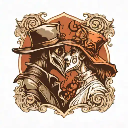 plague doctor and normal beautiful girl kissing each other tattoo design idea