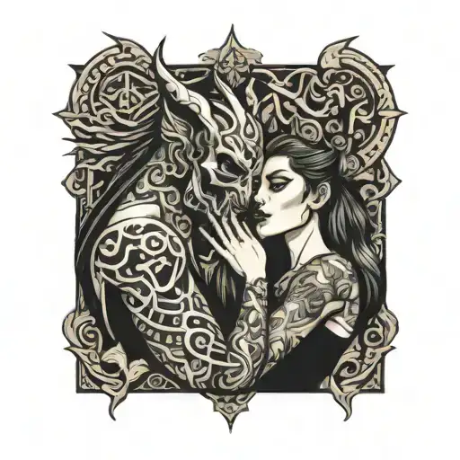 Diablo and girl kissing each other tattoo design idea