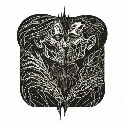 evil man and girl with straight hair kissing each other, hands of the diablo on the neck of the girl tattoo design idea