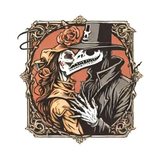 plague doctor with beautiful girl kissing each other with his hand on her neck tattoo design idea