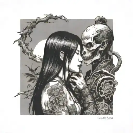 Diablo and gentlegirl with straight hair kissing each other with doablo's hand on girl's neck tattoo design idea