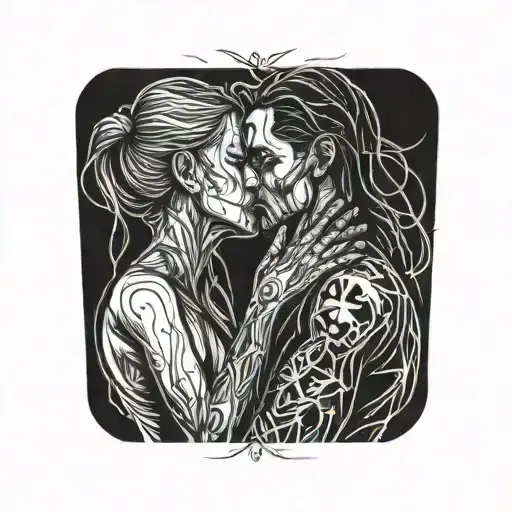 diablo and gentlegirl with straight hair kissing each other, hands of the diablo on the neck of the girl tattoo design idea