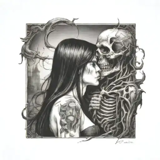 Diablo and gentlegirl with straight hair kissing each other tattoo design idea