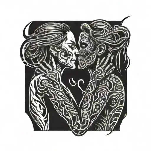 evil man and girl with straight hair kissing each other, hands of the diablo on the neck of the girl tattoo design idea