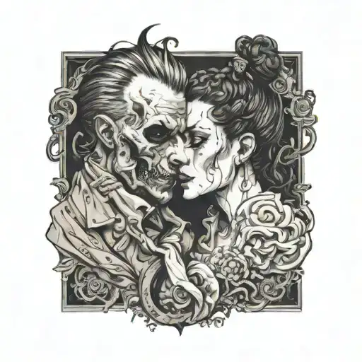 Diablo with bun and curly hair without beard and gentlegirl with straight hair kissing each other side tattoo design idea