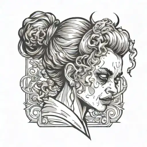 Diablo with bun and curly hair without beard kisses gentlegirl with straight hair tattoo design idea