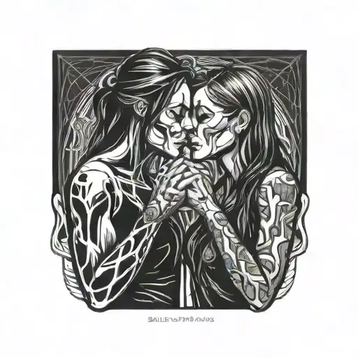 diablo and gentlegirl with straight hair kissing each other hands of the diablo on the neck of the girl tattoo design idea